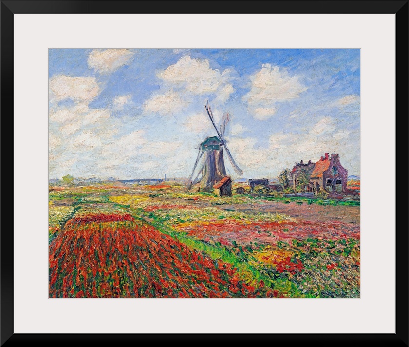Oil painting of a windmill in a field of bright flowers under a sky with puffy clouds.
