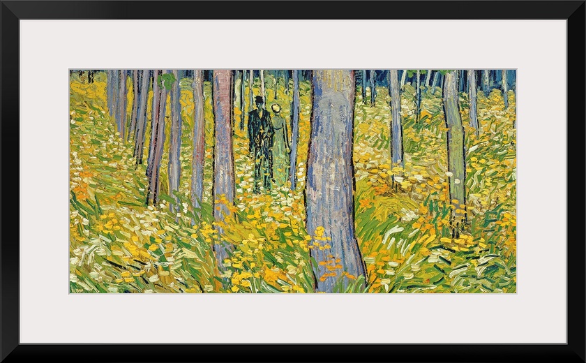 Panoramic painting of couple walking through forest with overgrown brush and rows of trees.