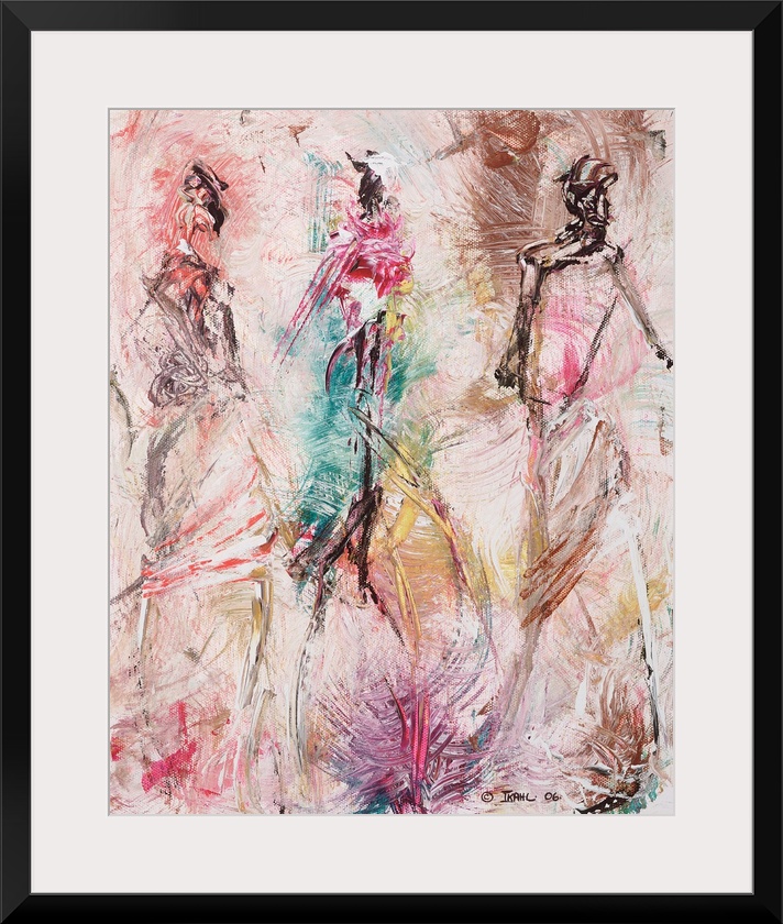 A vertical painting of gestural figures made with fast and simple brush strokes.