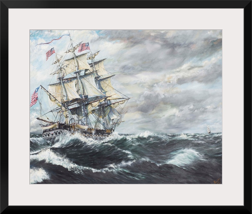 Contemporary painting of a ship riding the high seas during a rough storm.