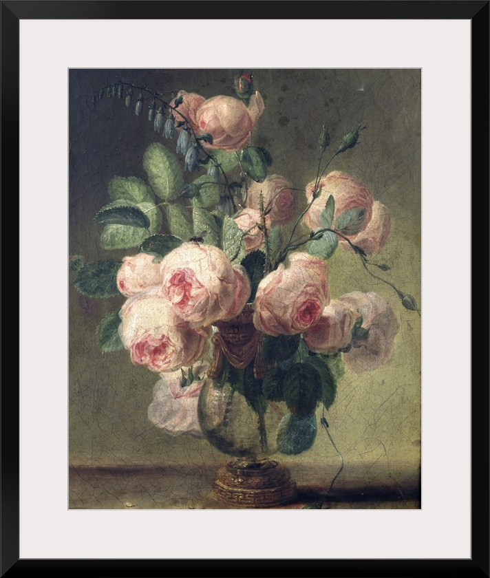 This large oil painting is of pink roses coming out of an antique vase with a cracked texture over the entire painting.