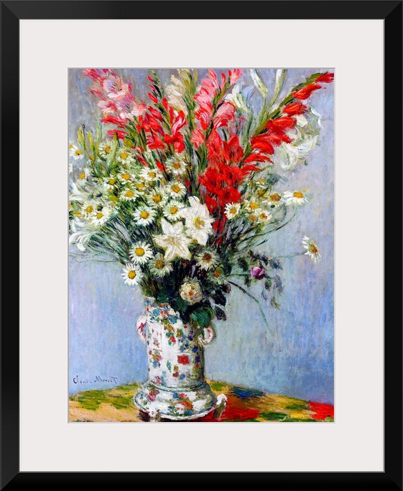 Painting of a vase holding various muticolored flowers on a multicolored table by Claude Monet.