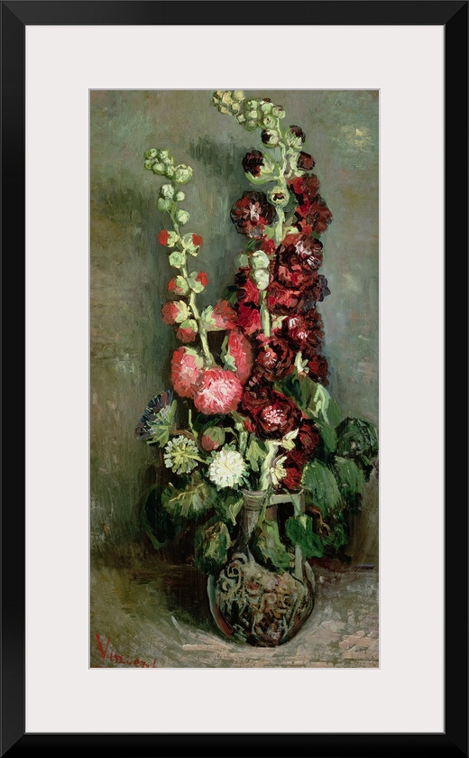 Classic vertical floral art of a tall vase of Hollyhock flowers in bloom.