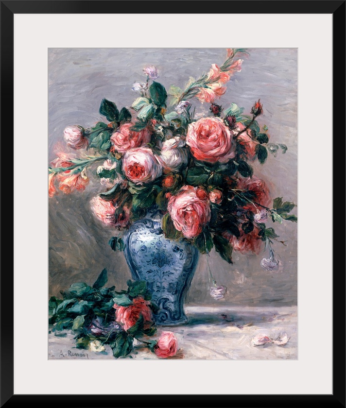 Big classic art depicts an arrangement of flowers within a decorated container sitting on the ground with a few flowers ne...