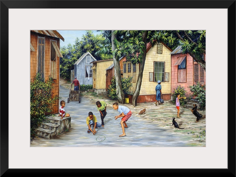 Big contemporary art shows a daily life scene of children in Barbados playing jacks and feeding a dog and cat.  In the bac...