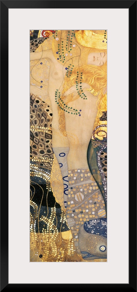 Panoramic classic art showcases a nude woman who is part snake.  This piece includes a variety of patterns made up of circ...