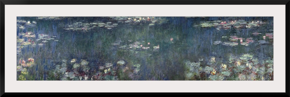 This panoramic wall art of an Impressionist painting shows the surface of a pond and all the plants and flowers growing on...