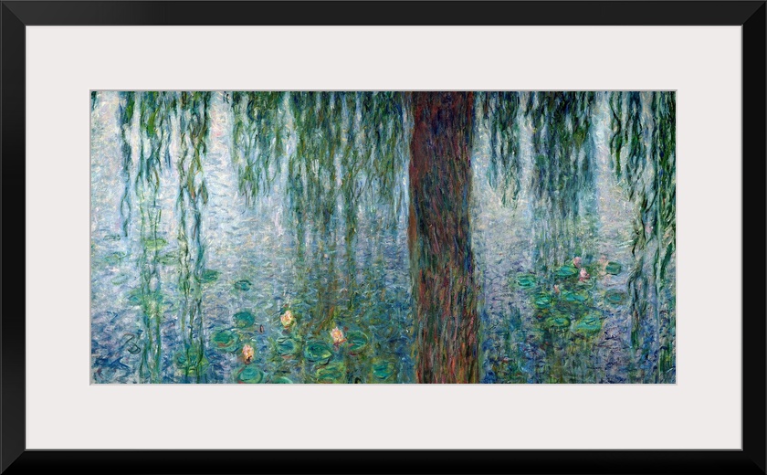 Detail of an Impressionist painting of willow branches dipping into water covered with lily pads.