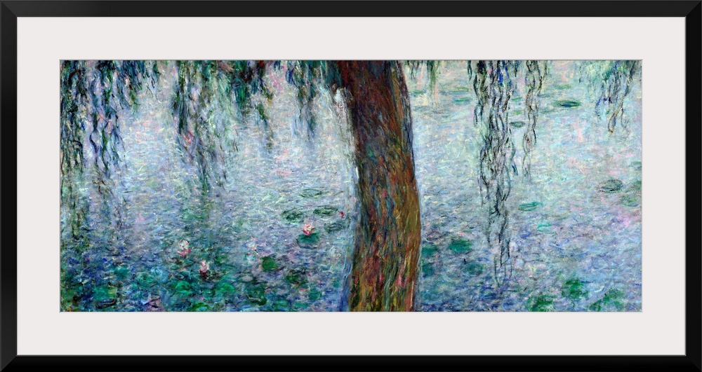 Panoramic classic art showcases a lone tree as it hangs over a pond littered with lily pads.