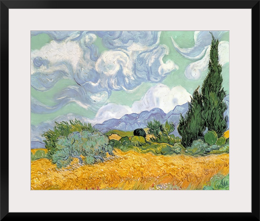 Oversized, landscape, classic art painting of swirling clouds in a sky above a heavily brushed golden wheat field with cyp...
