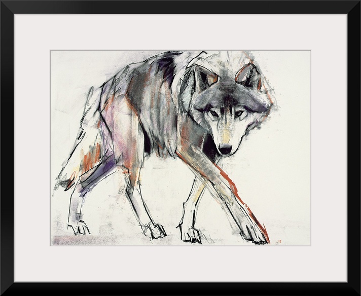 A sketchy, gestural drawing of a wolf on horizontal wall art.