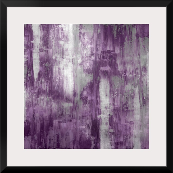 Square abstract painting with silver and purple hues running down the canvas.