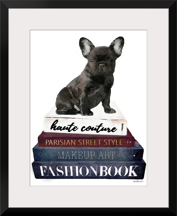 A french bulldog sits atop a stack of designer books.