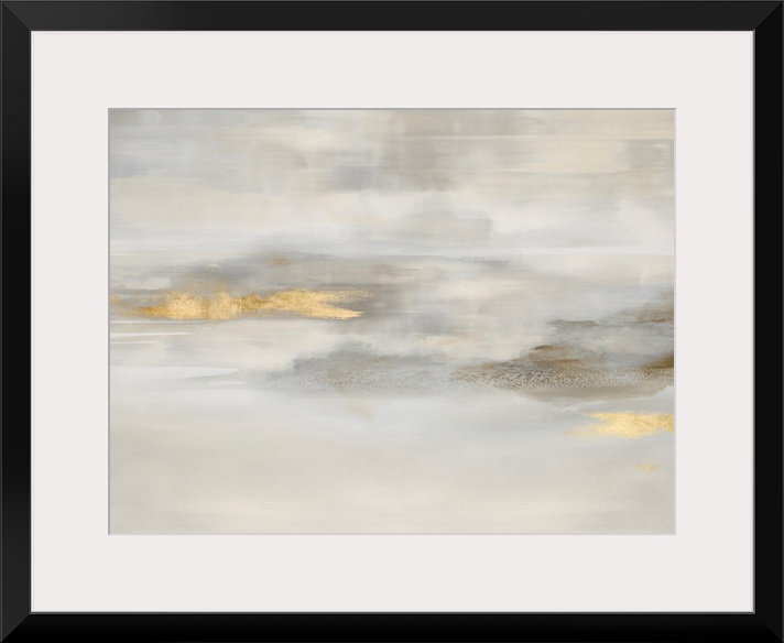 Contemporary abstract artwork in muted beige and white tones with gold colored brush accents.