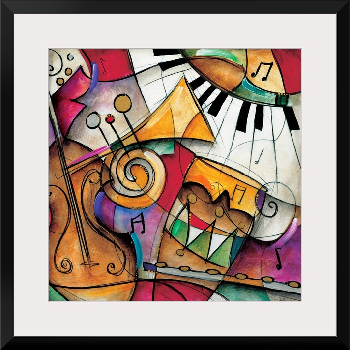 Jazz it Up I by Eric Waugh.  A square abstract painting of varies instruments played in jazz music.