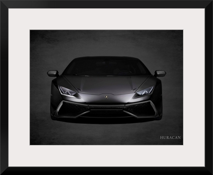 Photograph of a black Lamborghini Huracan printed on a black background with a dark vignette.