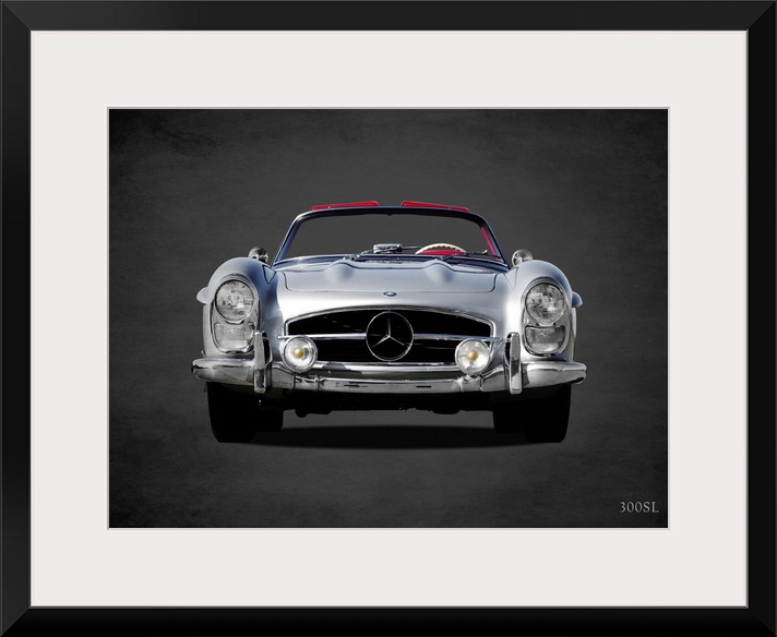Photograph of a silver 1958 Mercedes Benz 300SL printed on a black background with a dark vignette.
