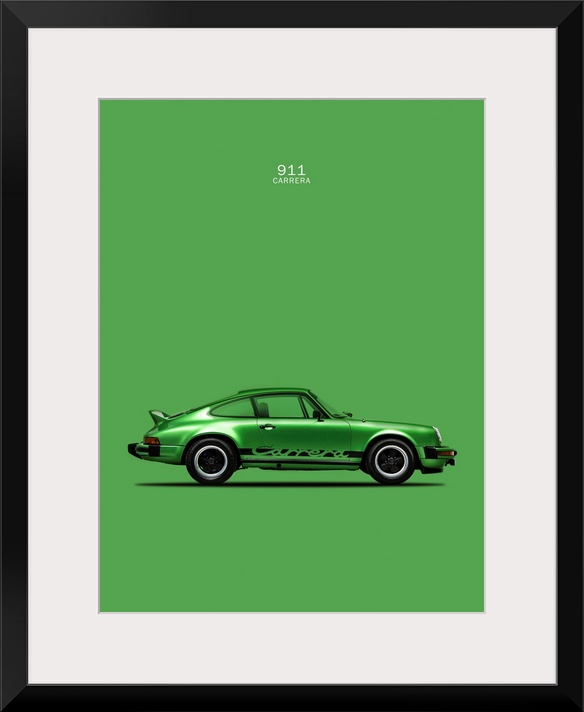Photograph of a green Porsche 911 Carrera printed on a green background