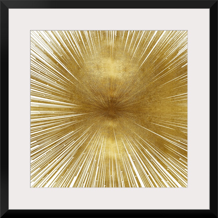 Square decor with a circular shape made out of thin gold lines angled out and disappearing into the dark gold center on a ...