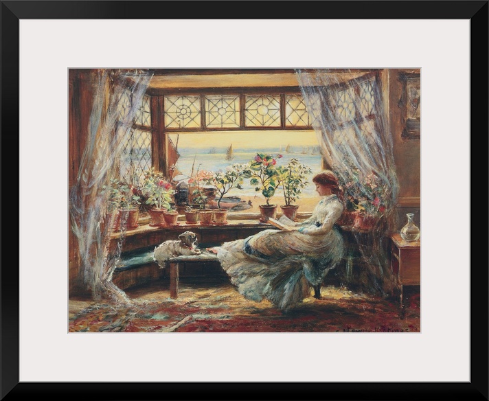 Classic painting of a woman reading at a bay window with her dog.