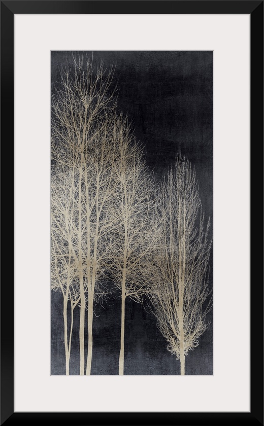 Decorative artwork featuring an aged silver silhouette of leafless trees over a distressed background.