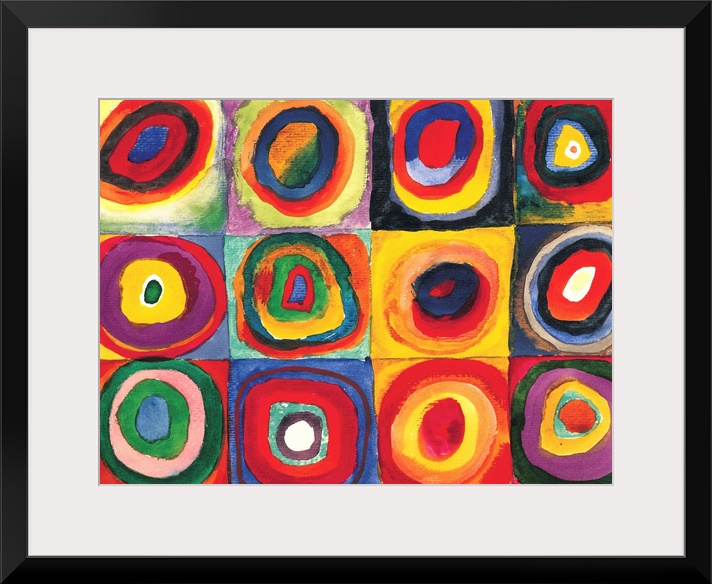 A Contemporary painting of colorful rings of circles within squares.