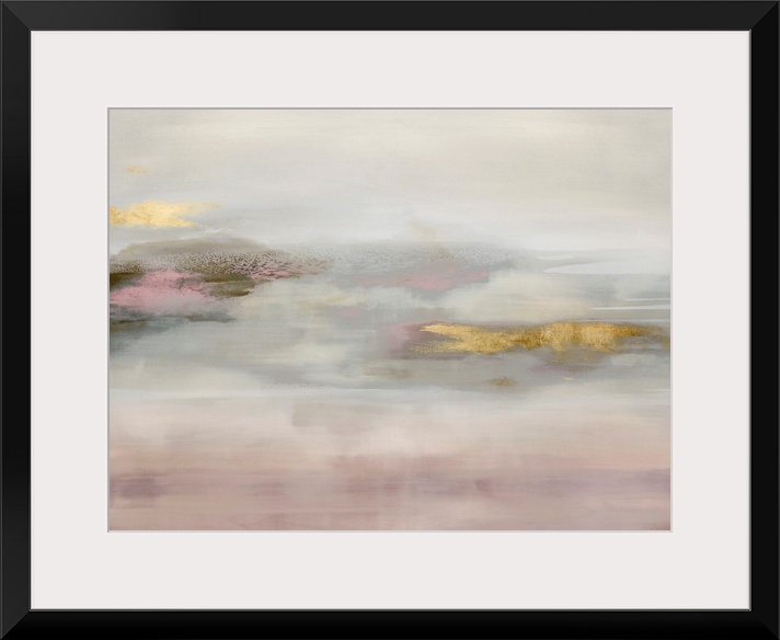 Contemporary abstract artwork in muted pink and white tones with gold colored brush accents.