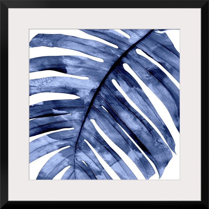 Square decor with an indigo silhouette of a palm leaf on a solid white background.