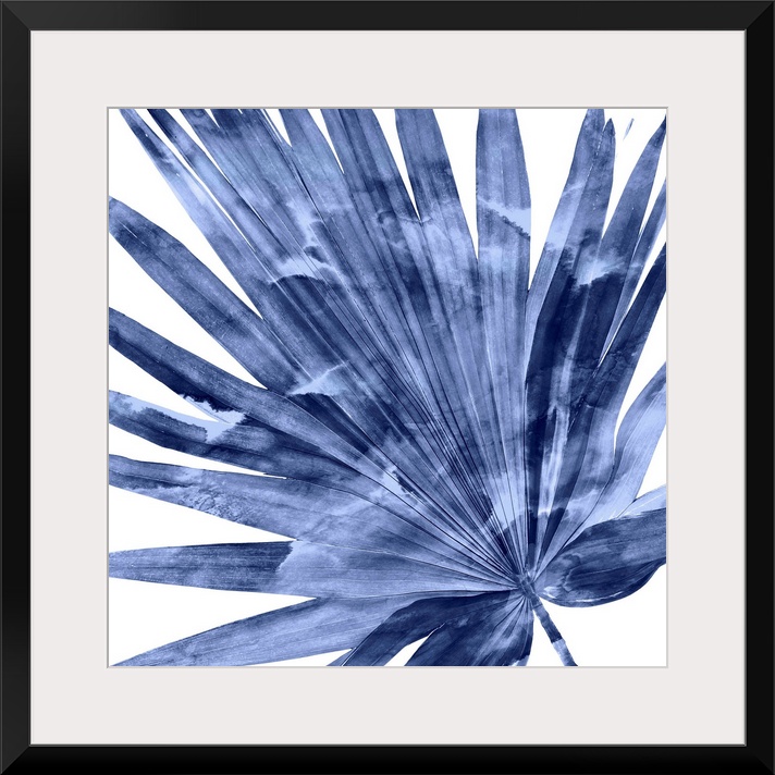 Square decor with an indigo silhouette of a palm leaf on a solid white background.