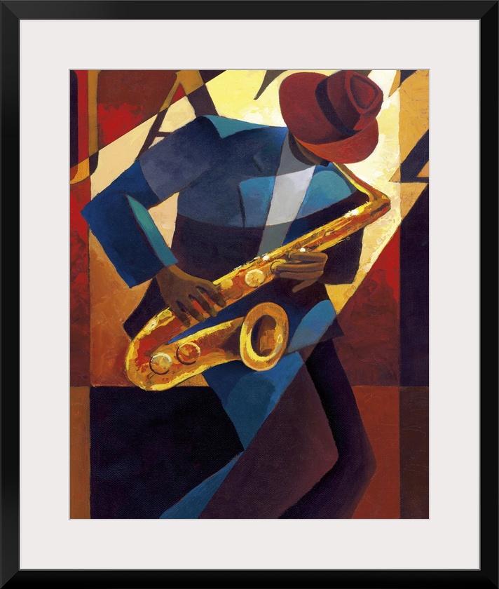 Contemporary painting of a jazz musician playing the saxophone.