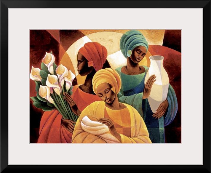 Artwork of three African women, one holding lilies, one holding a vase, and one holding a child.