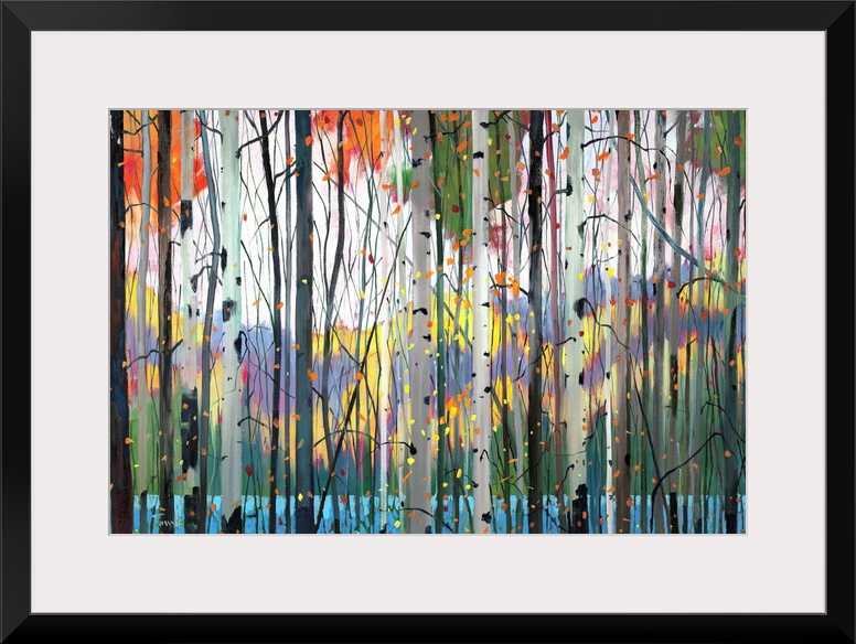 Contemporary painting of a forest full of colorful trees in tones of red, yellow and orange with water and mountains in th...