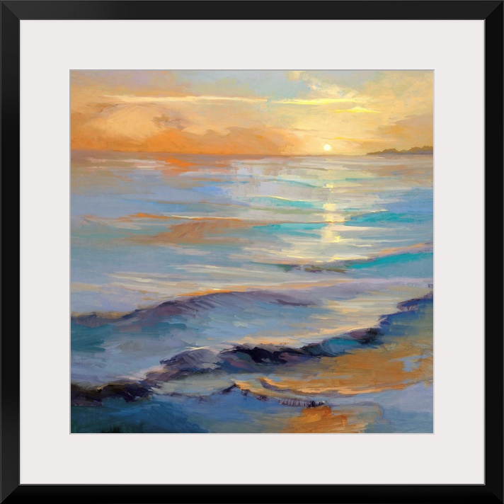 Square painting of gentle waves in the ocean with the sun reflecting in the water.