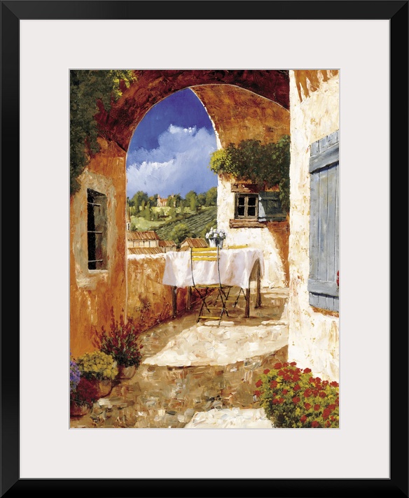 Contemporary artwork of a Tuscan villa on a sunny day.