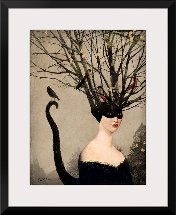 A woman with a cat tail has tree branches coming from her head where birds are resting.