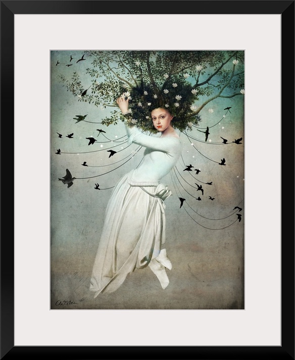 A woman in a white dress and tree branches for hair is being carried off by a flock of black birds.