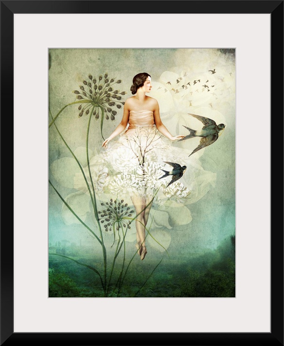 A woman floating in the sky with white flowers as bird passes by.