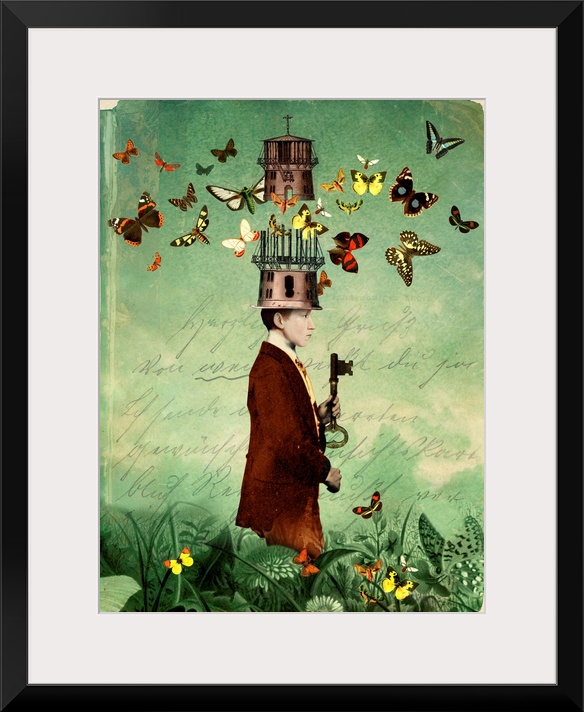 Contemporary artwork of a male holding a key with butterflies flying overhead.