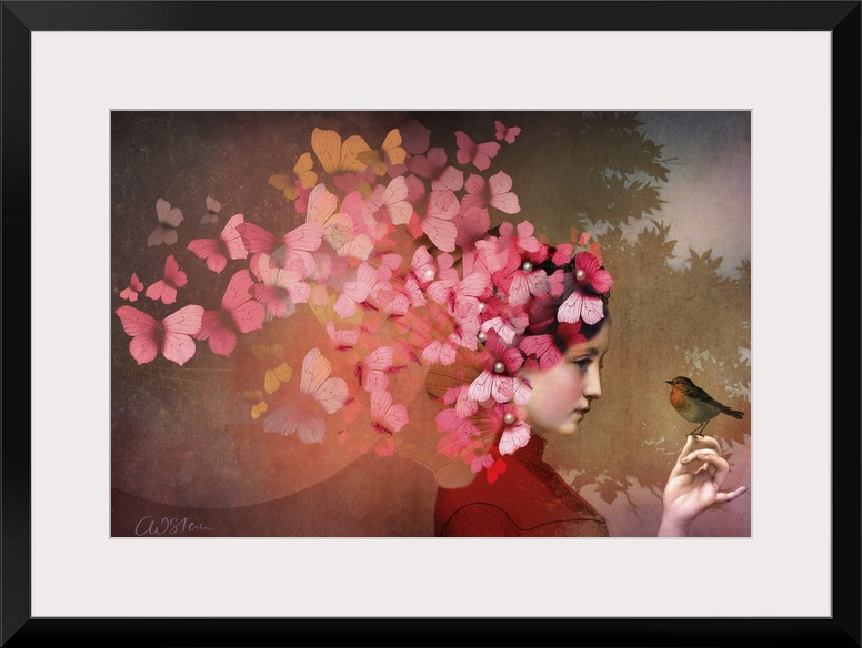 A horizontal image of a lady with a bird.  A group of red and pink butterflies are fluttering from her hair.