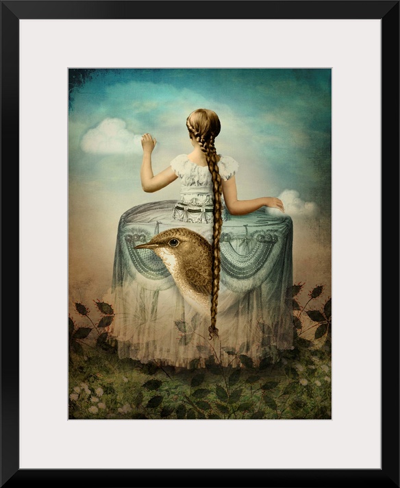 A lady with a long braid is in a Victorian dress which has a large bird and flowers on it.