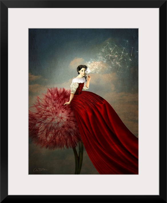 A lady with a long red dress is sitting on a red dandelion.