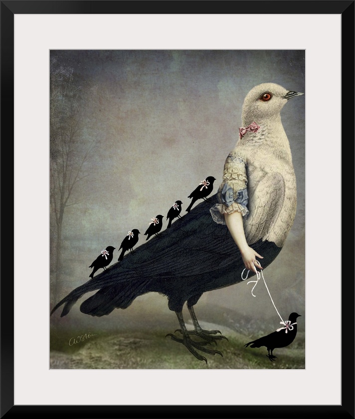 A large bird with human arms is walking a small black bird while a group of birds are riding on the back.