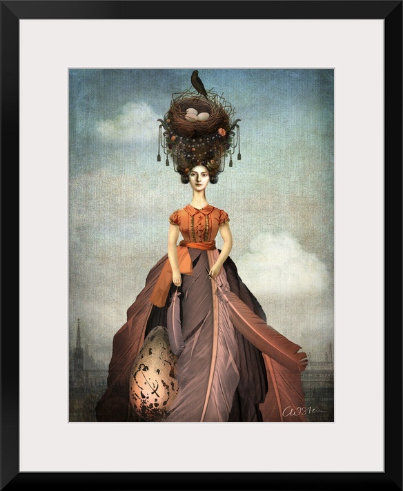 A digital composite of a female wearing a dress made of feathers with a bird nest on her head.