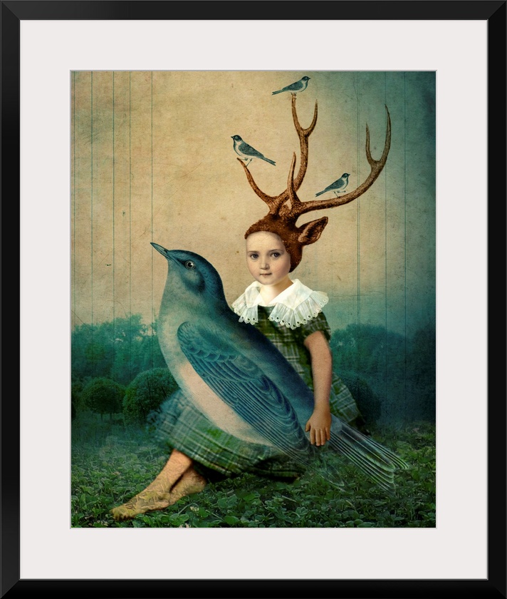 A child with antlers holding a large blue bird in her lap.