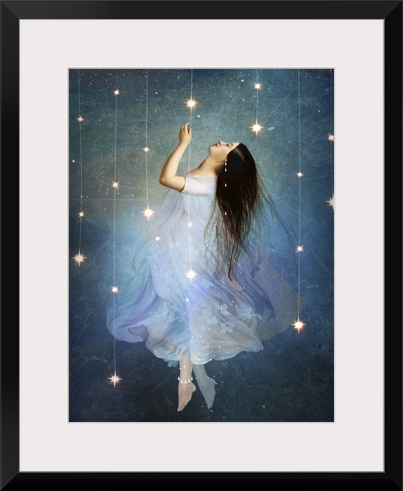 A conceptual artwork of a female floating in stars.