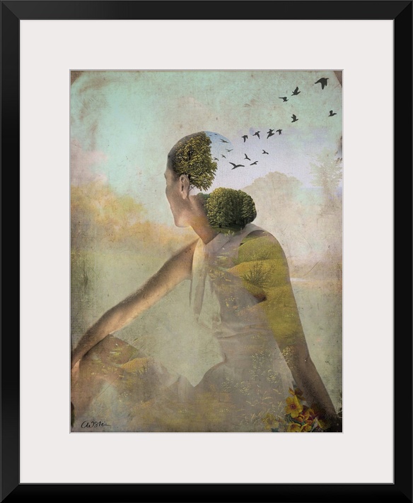 A transparent woman is looking behind her at the surrounding landscape.