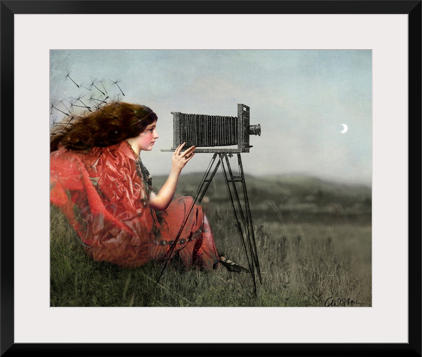 A digital composite of a female in a field using a view camera.