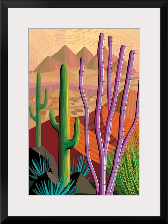 Vertical digital illustration in vibrant colors of Tucson, Arizona.