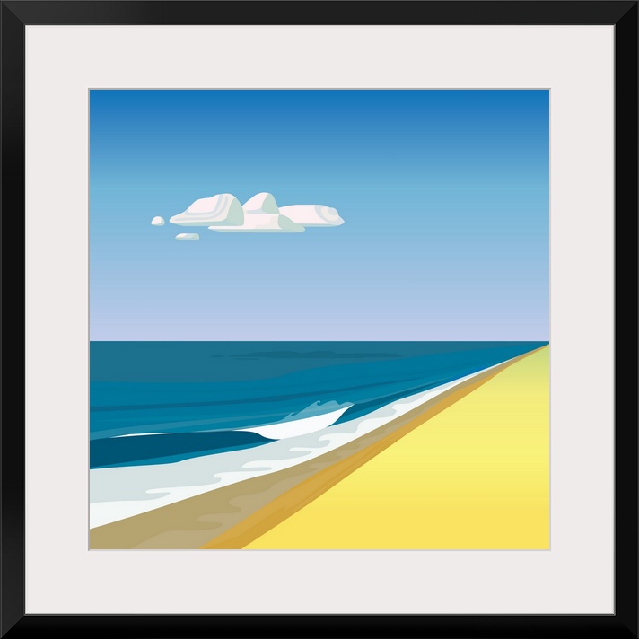 A simple, clean illustration of waves on a beach and a single cloud.