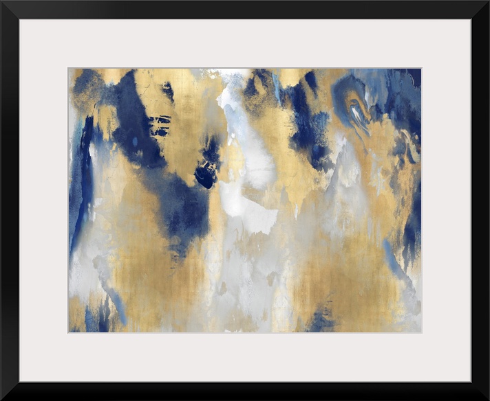 A large, horizontal abstract painting in shades of indigo and gold. This statement piece of art would look outstanding in ...